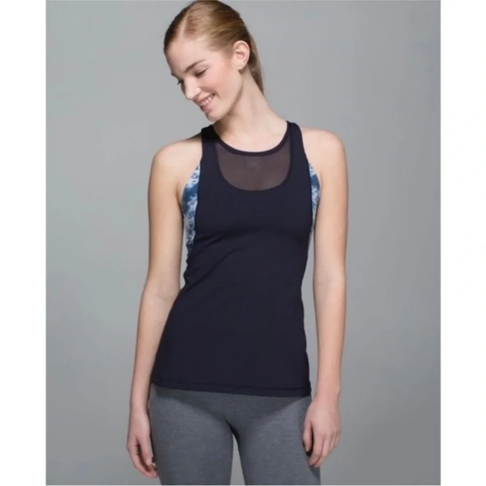 Lululemon Mesh With Me Tank Naval Blue/Sea Side Silver Fox Alberta Lake Size 4